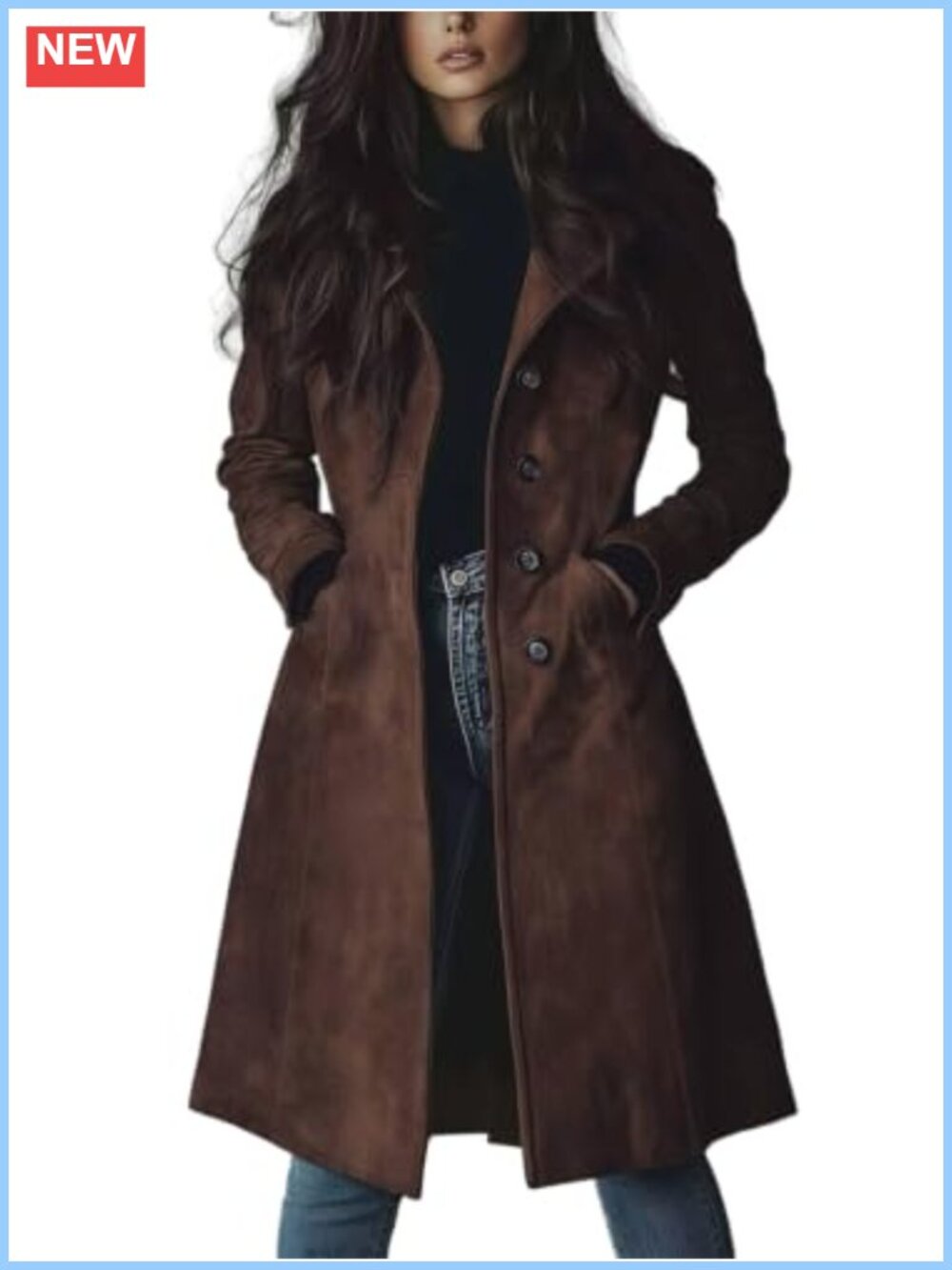 Women's Faux Suede Long Trench Coat Single Breasted Button